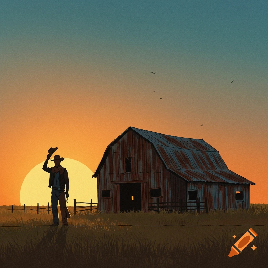 A cowboy tips his hat near a barn at sunset.