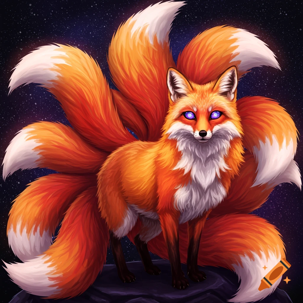 An orange fox with nine tails and purple glowing eyes stands on rocks under a starry sky.