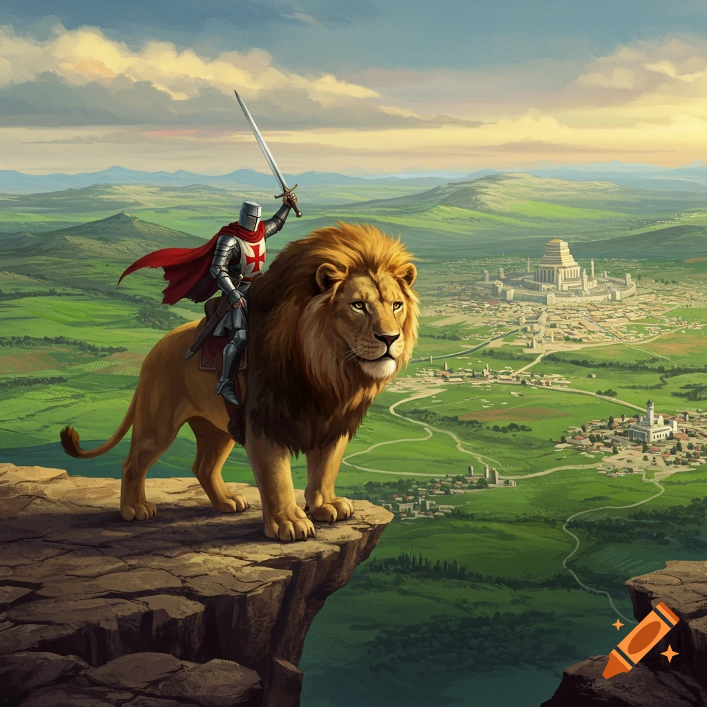A knight in armor rides a lion on a cliff overlooking a vast fantasy city and landscape.