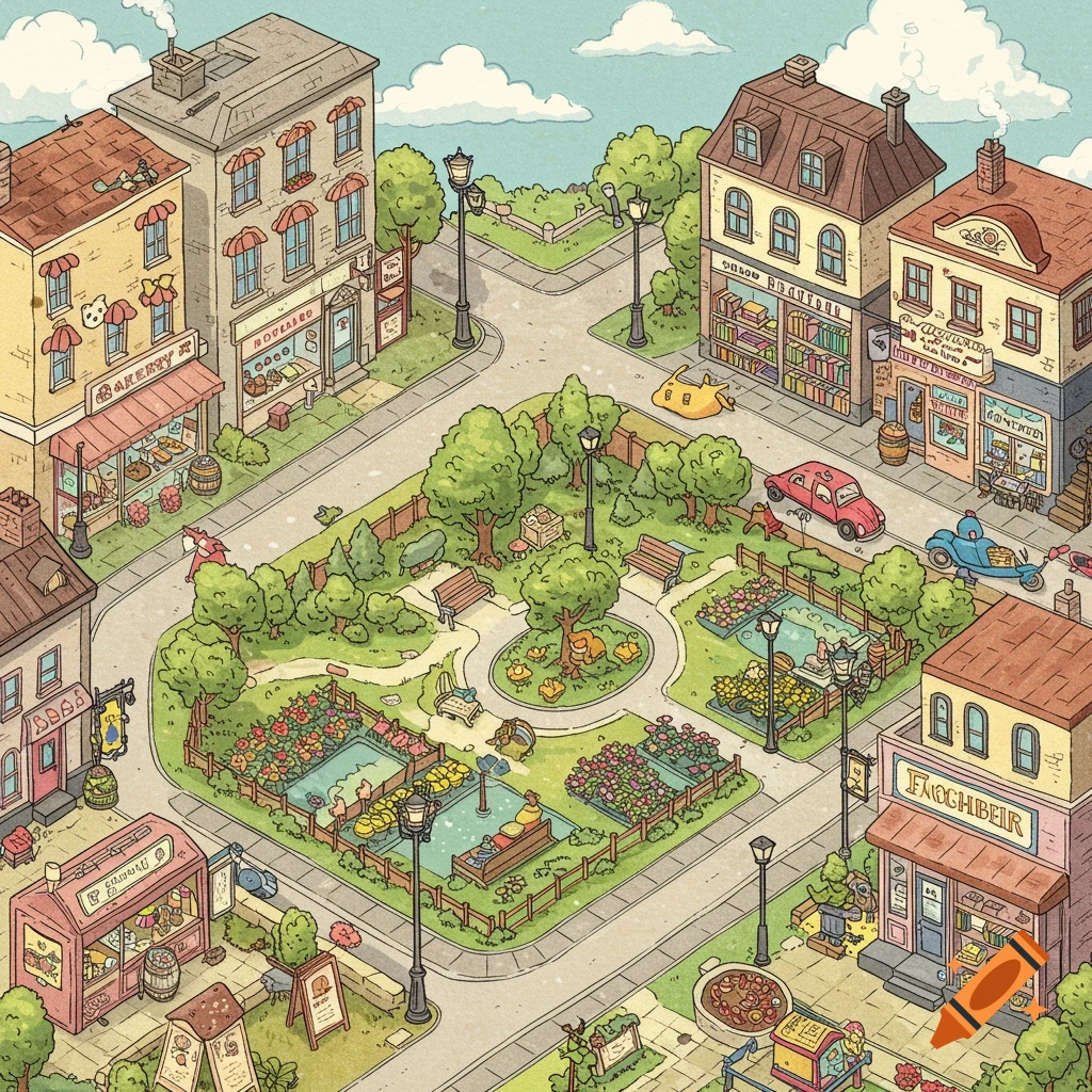 Isometric cartoon illustration of a town square with shops around a park.
