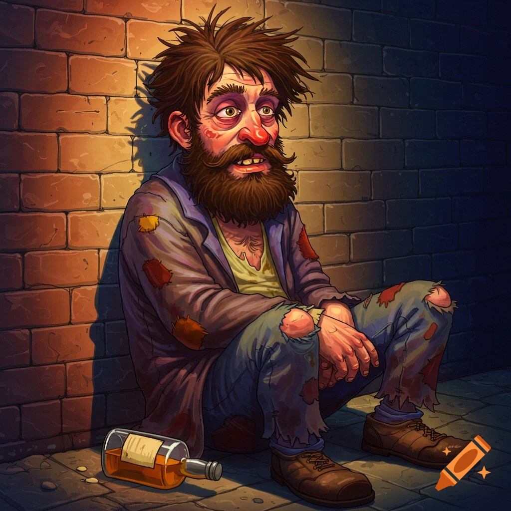 A dishevelled man with a beard sits against a brick wall with a bottle of alcohol