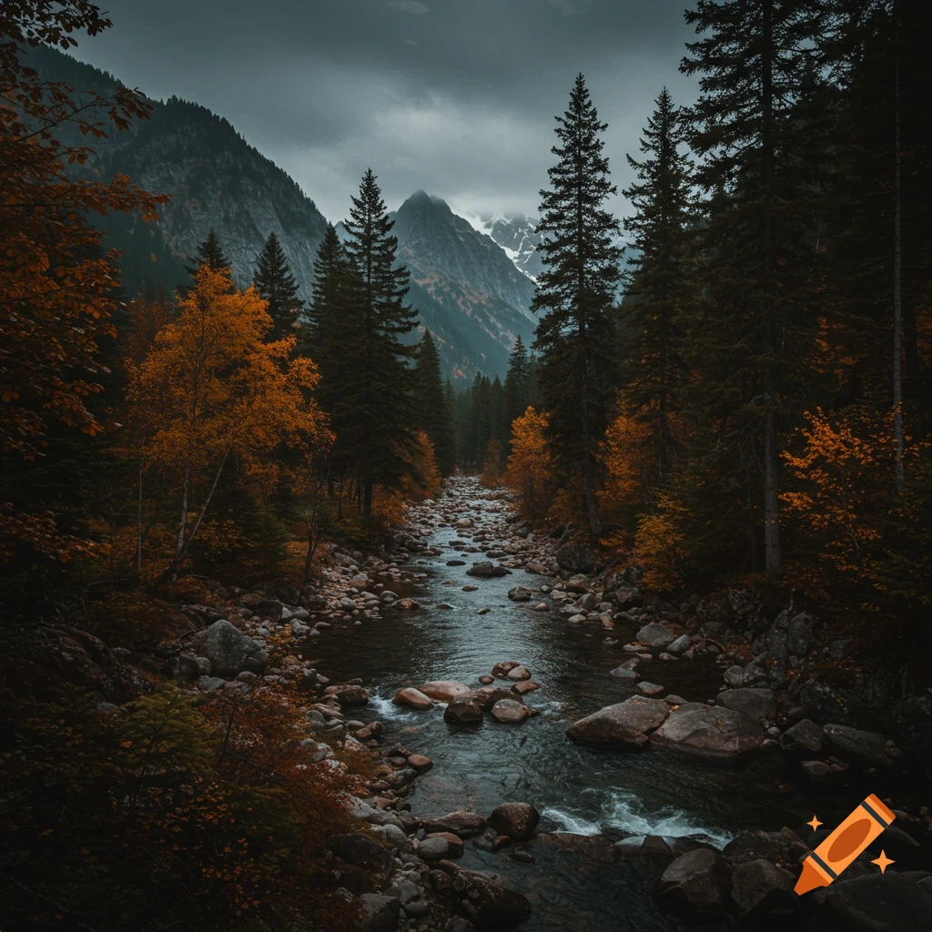 A river flows through an autumn forest towards mountains under a cloudy sky.