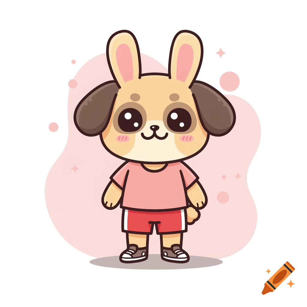 A cute cartoon dog-bunny mascot in a pink shirt and red shorts.