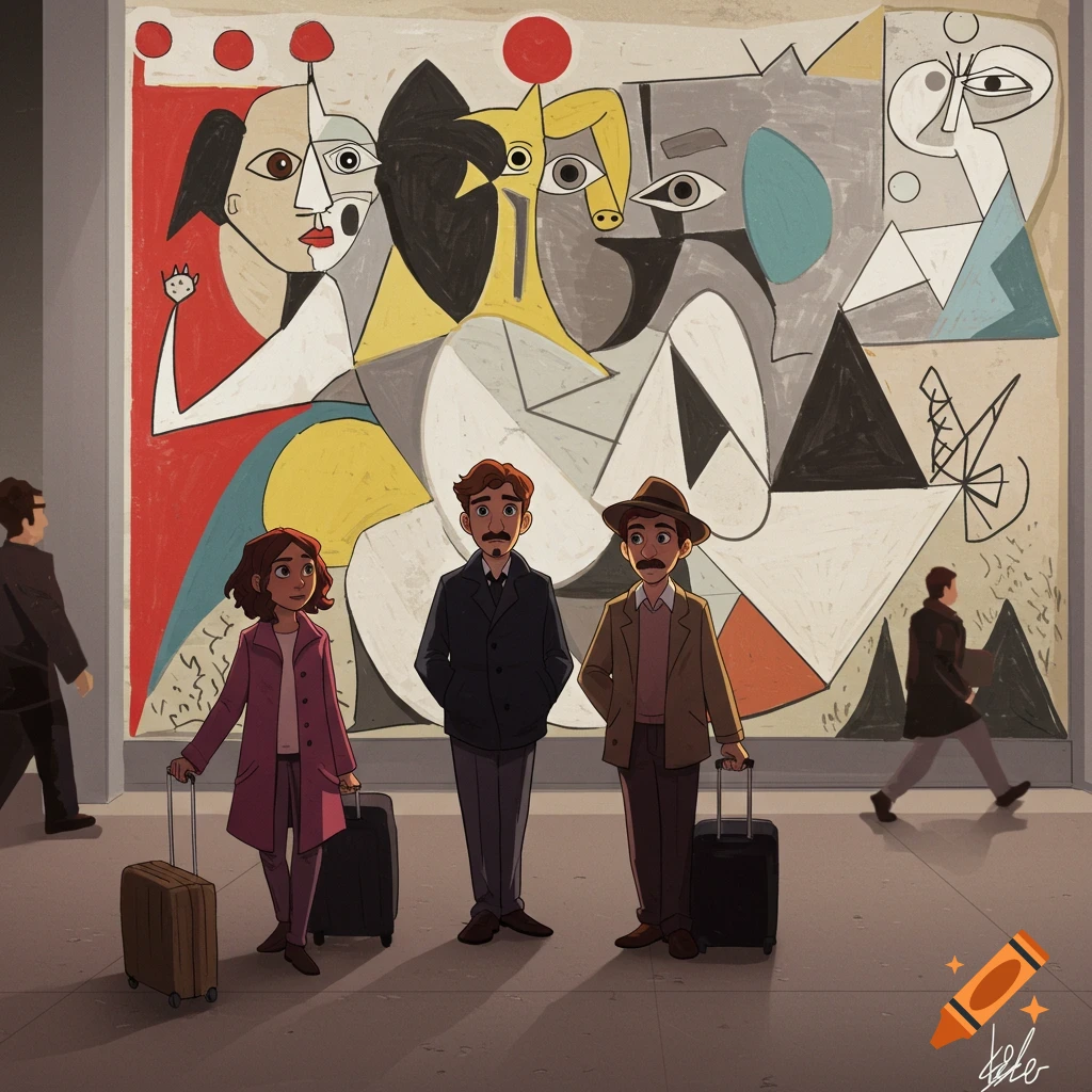 Three stylized people with suitcases look at a large abstract painting in a museum.