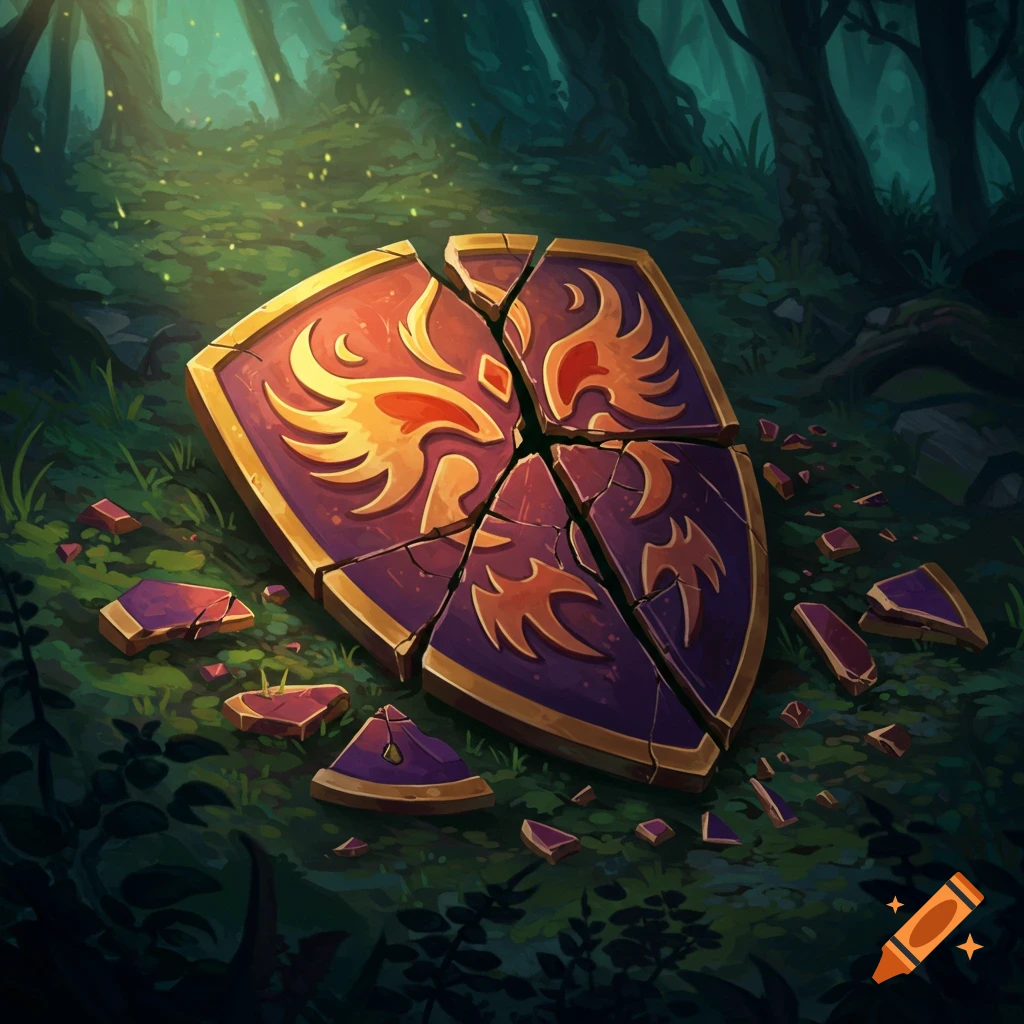 A broken shield with a red and gold emblem lies on a forest floor.