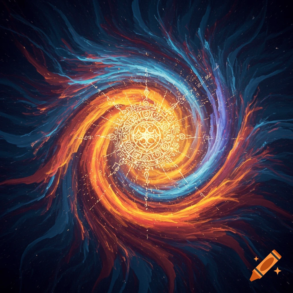 A vibrant, swirling vortex of orange, red, blue, and purple energy with a glowing, intricate symbol at the center.