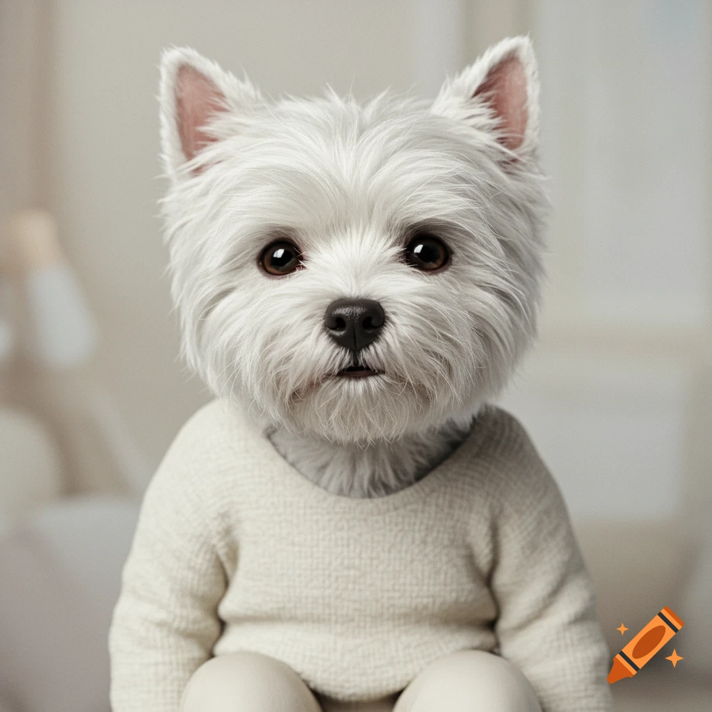 A photorealistic close-up of a white Westie dog wearing a light-colored sweater.
