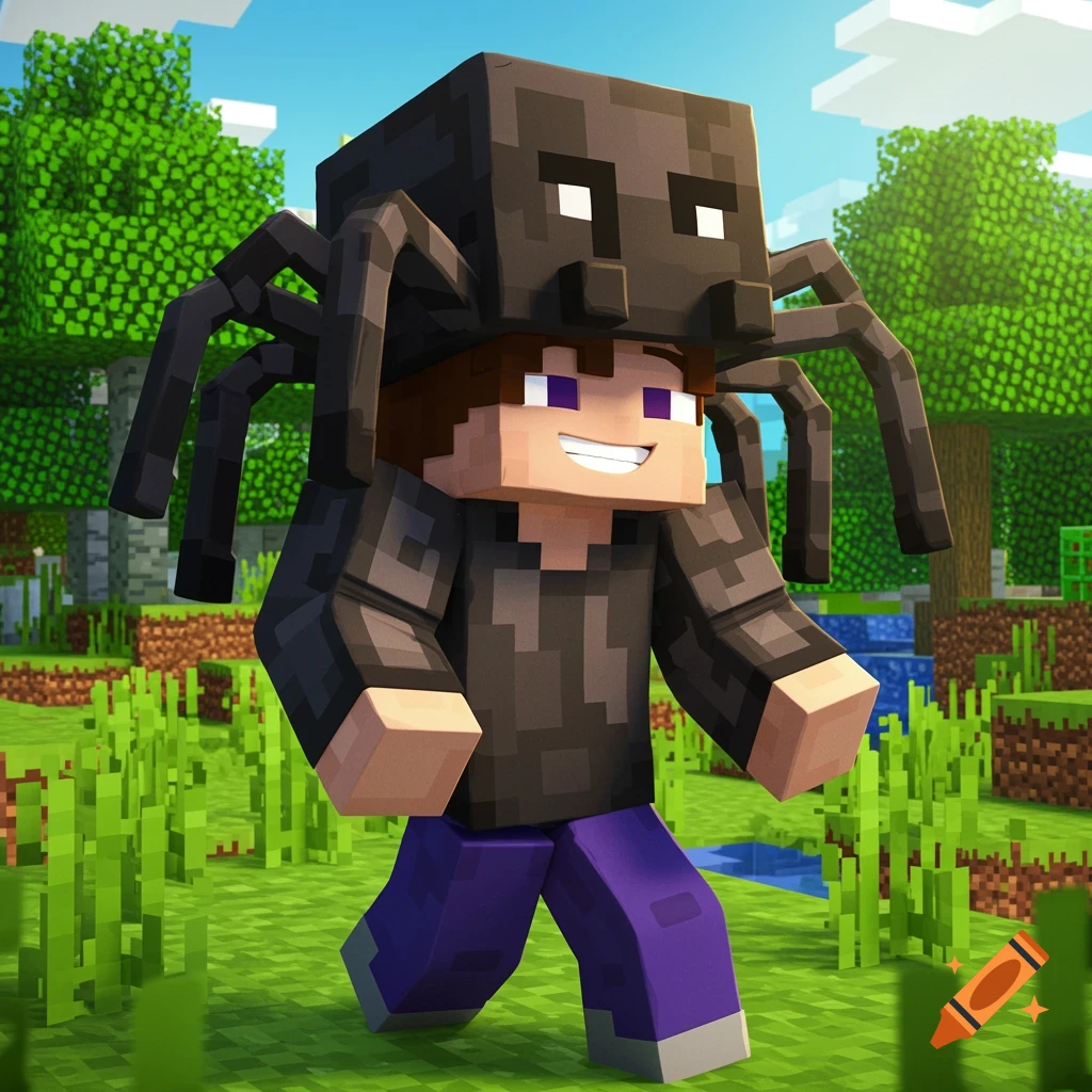 A blocky Minecraft character wears a large spider hat while walking through a vibrant blocky landscape.