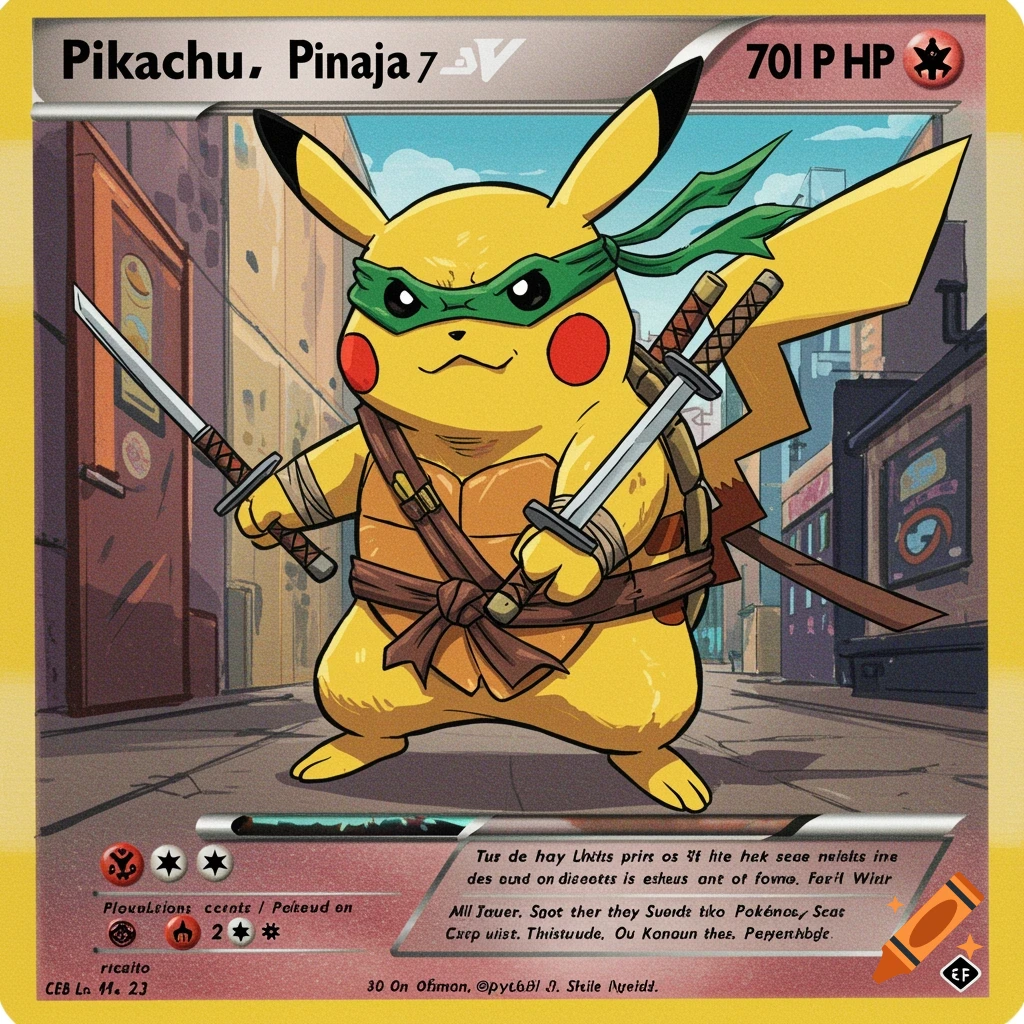 Cartoon of Pikachu dressed as a ninja turtle, holding two katanas, depicted on a trading card.