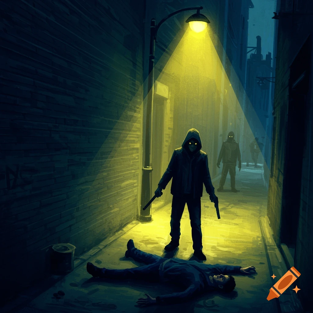 A hooded figure with weapons stands over a body in a dark alley under a street lamp.
