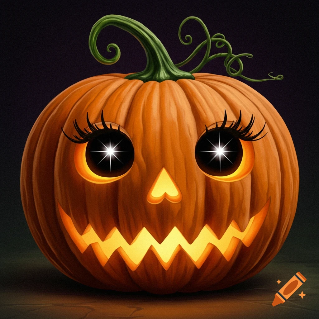 A Halloween jack-o'-lantern with sparkle eyes, long eyelashes, a heart nose, and a jagged mouth.