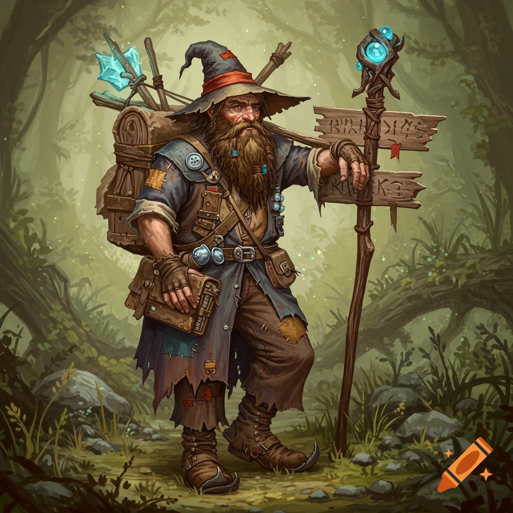 A bearded wizard in ragged clothes is leaning on a signpost in a forest.