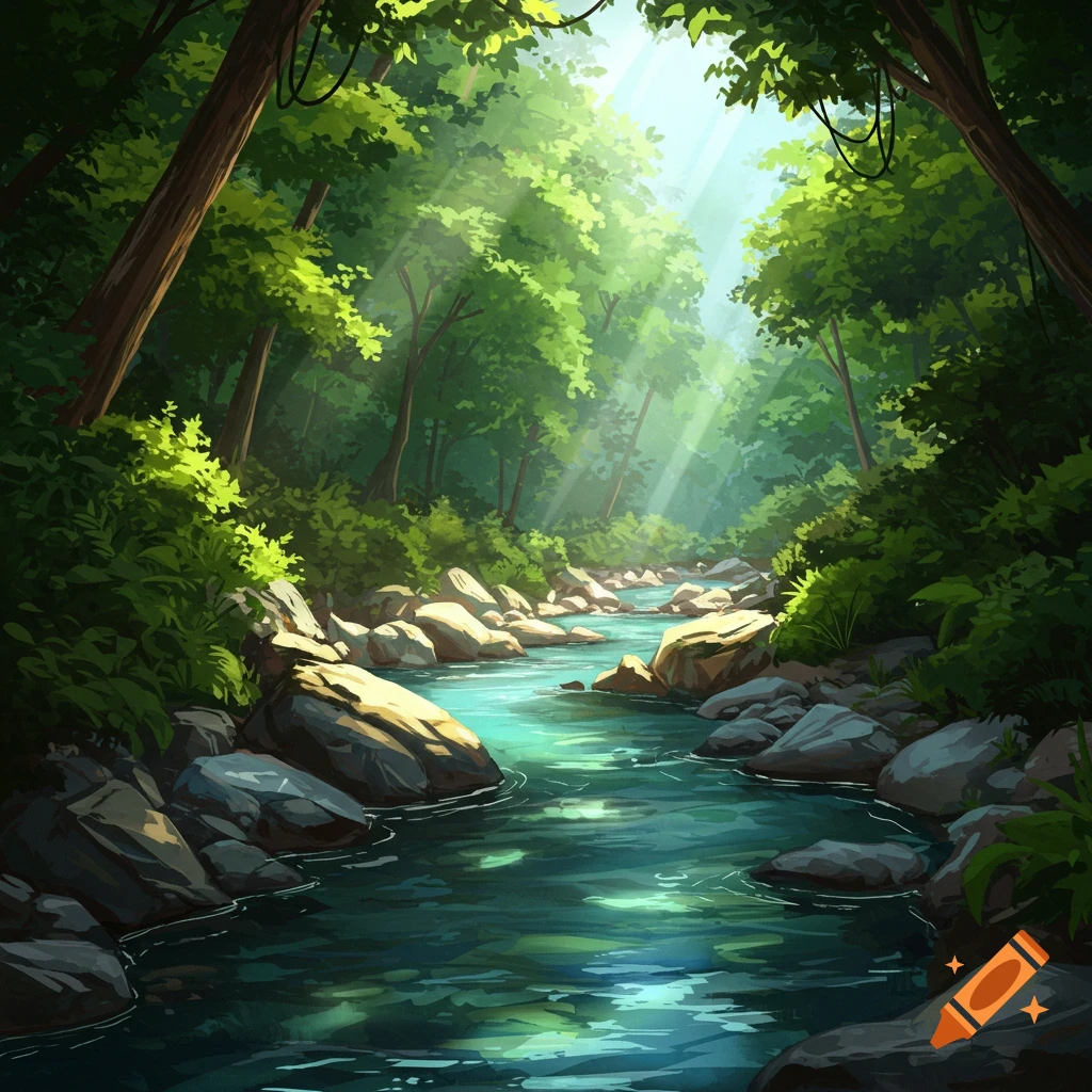 A winding rocky river flowing through a sunny forest.