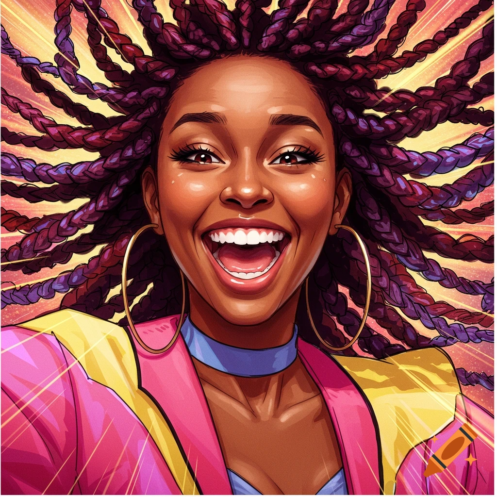 A vibrant portrait of a smiling Black woman with colorful braided hair and large hoop earrings.