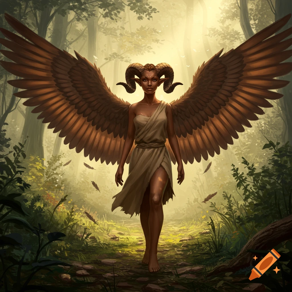 A woman with ram horns and large wings walking in a forest.