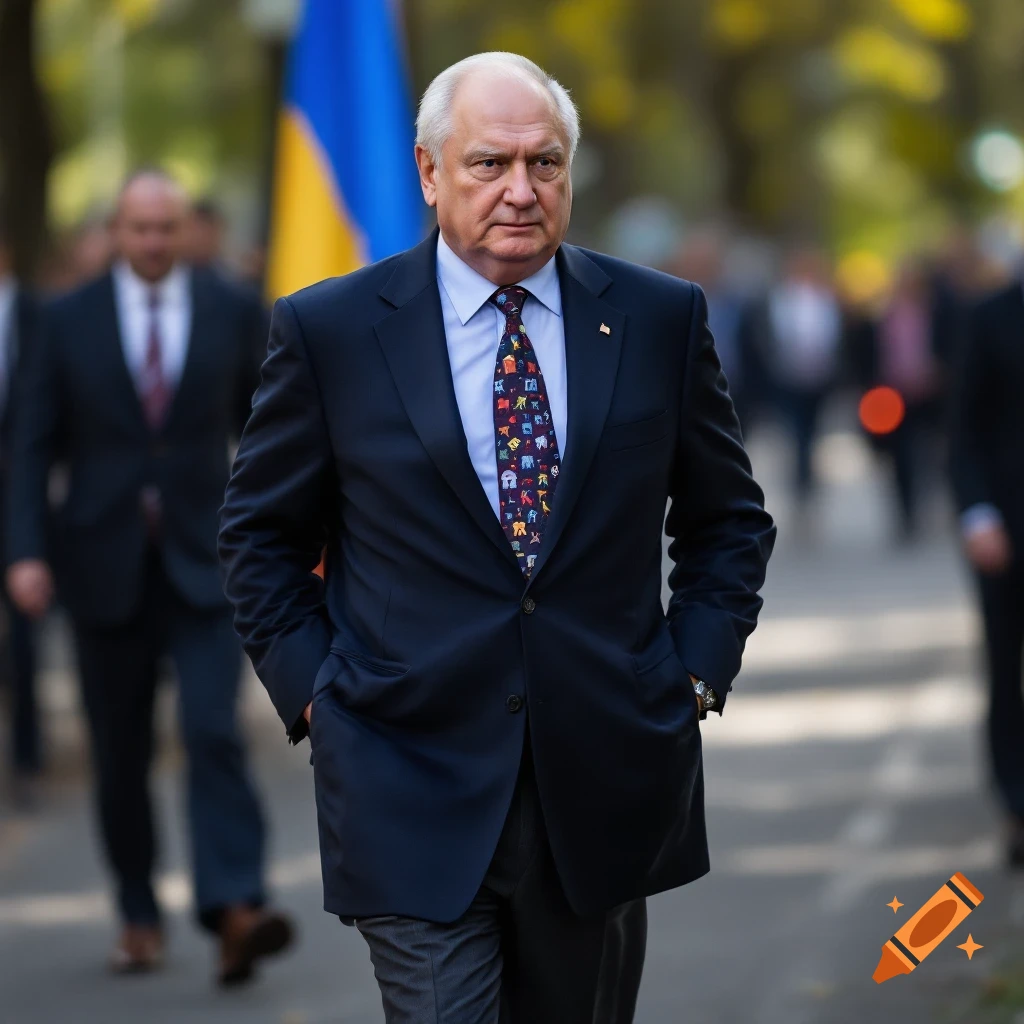 A man in a dark suit and patterned tie walks outdoors, with a blue and yellow flag behind him.