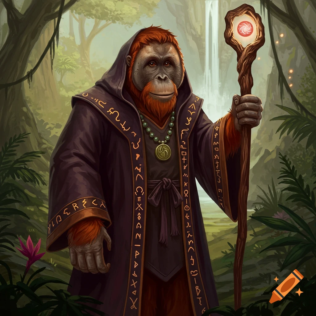 An orangutan wizard in a hooded robe with arcane symbols, holding a glowing staff in a jungle.