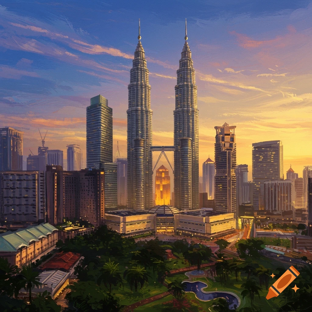 View of the Petronas Twin Towers and Kuala Lumpur skyline at sunset from a park below.