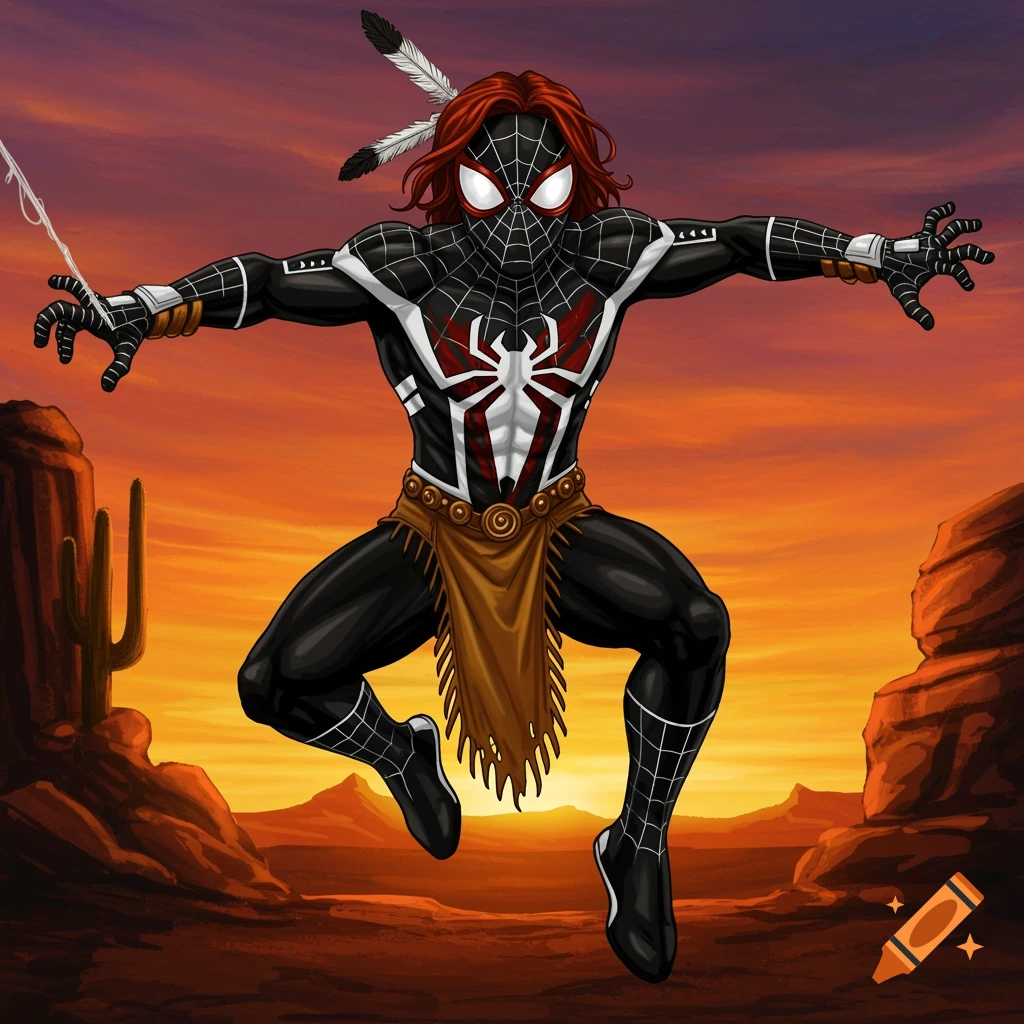 Spider-Man variant with feathers, red hair, and tribal suit jumps in a desert at sunset. Digital art.