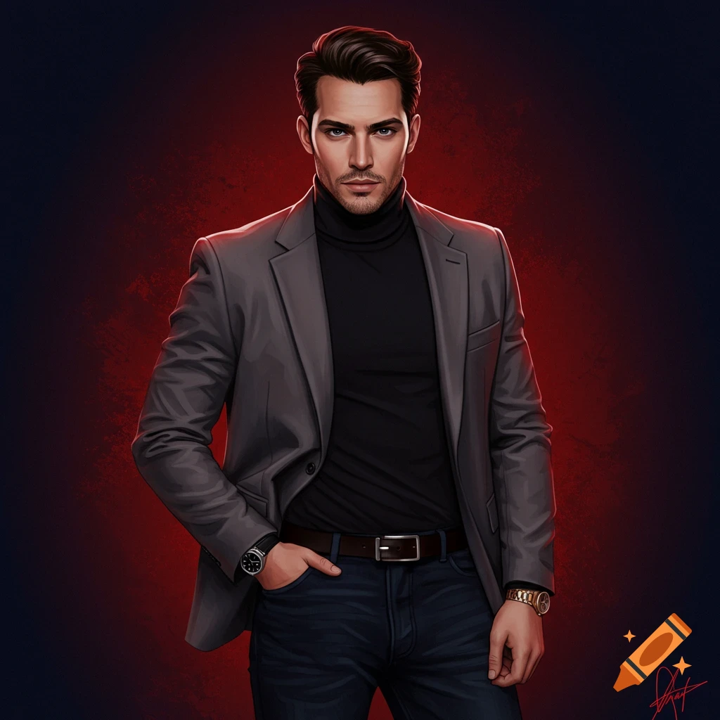 A stylish man in a grey blazer and black turtleneck.