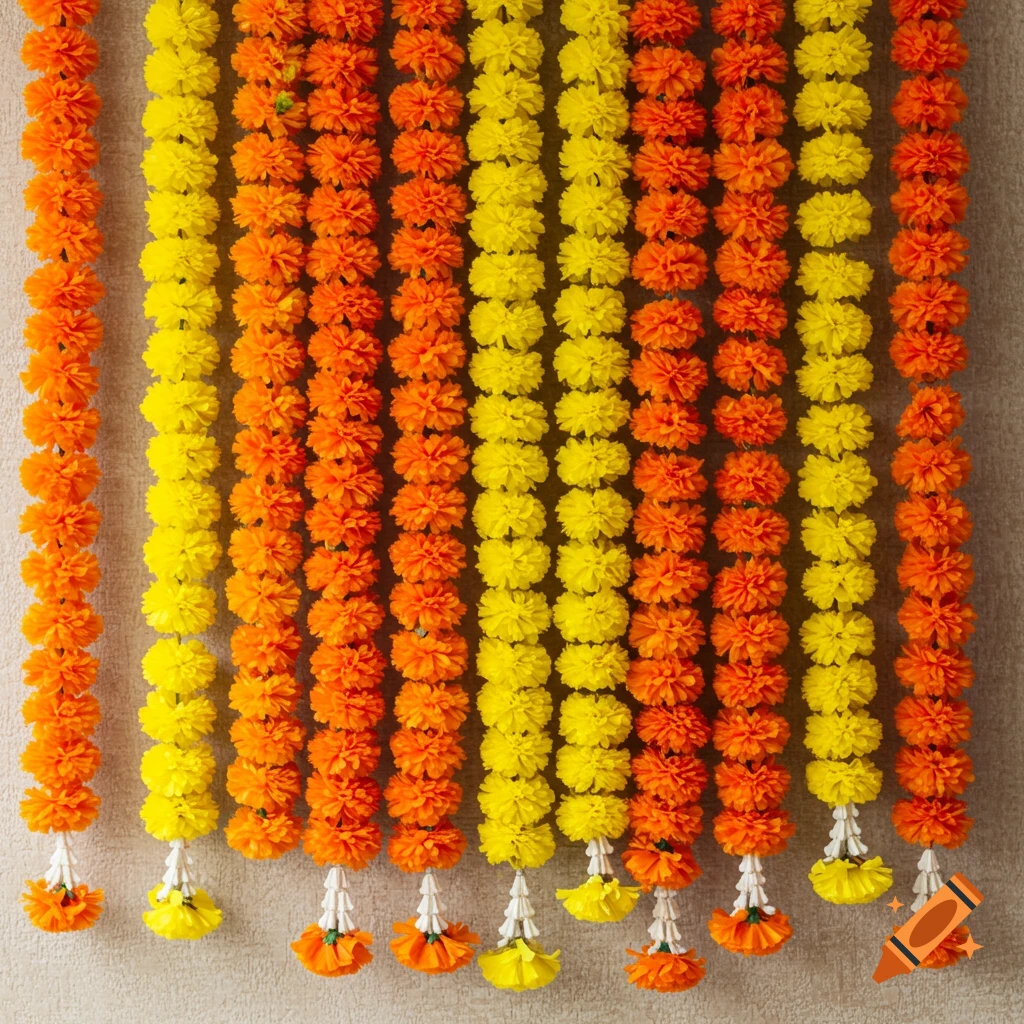 Rows of orange and yellow faux marigold garlands hang vertically.