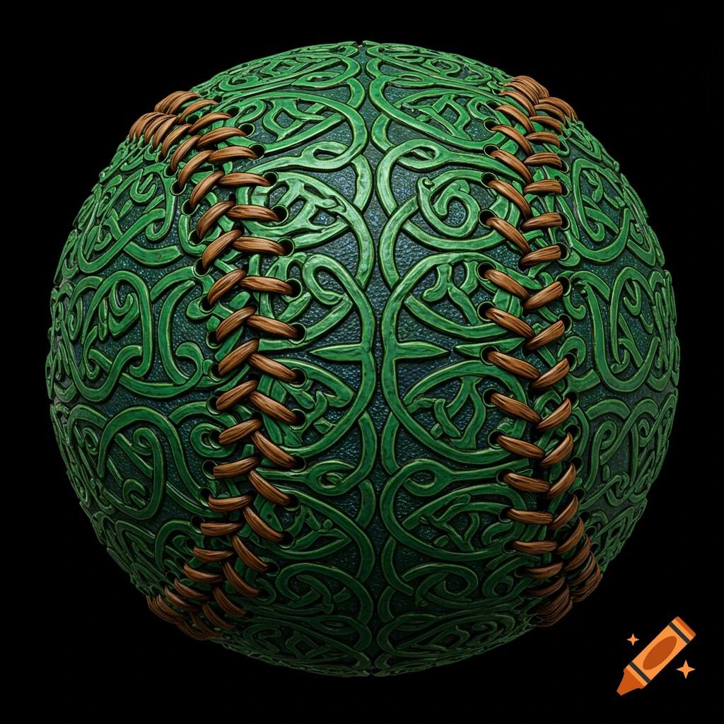 A baseball covered in green Irish knotwork pattern against a black background.