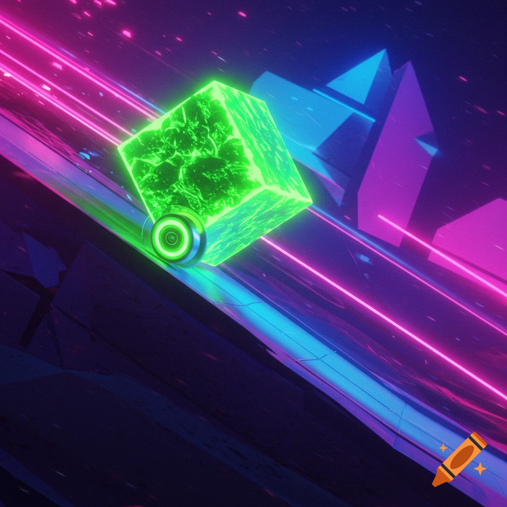 A glowing green cube with an attached sphere rolls down a track in a dark, futuristic abstract scene with pink and blue neon lights.