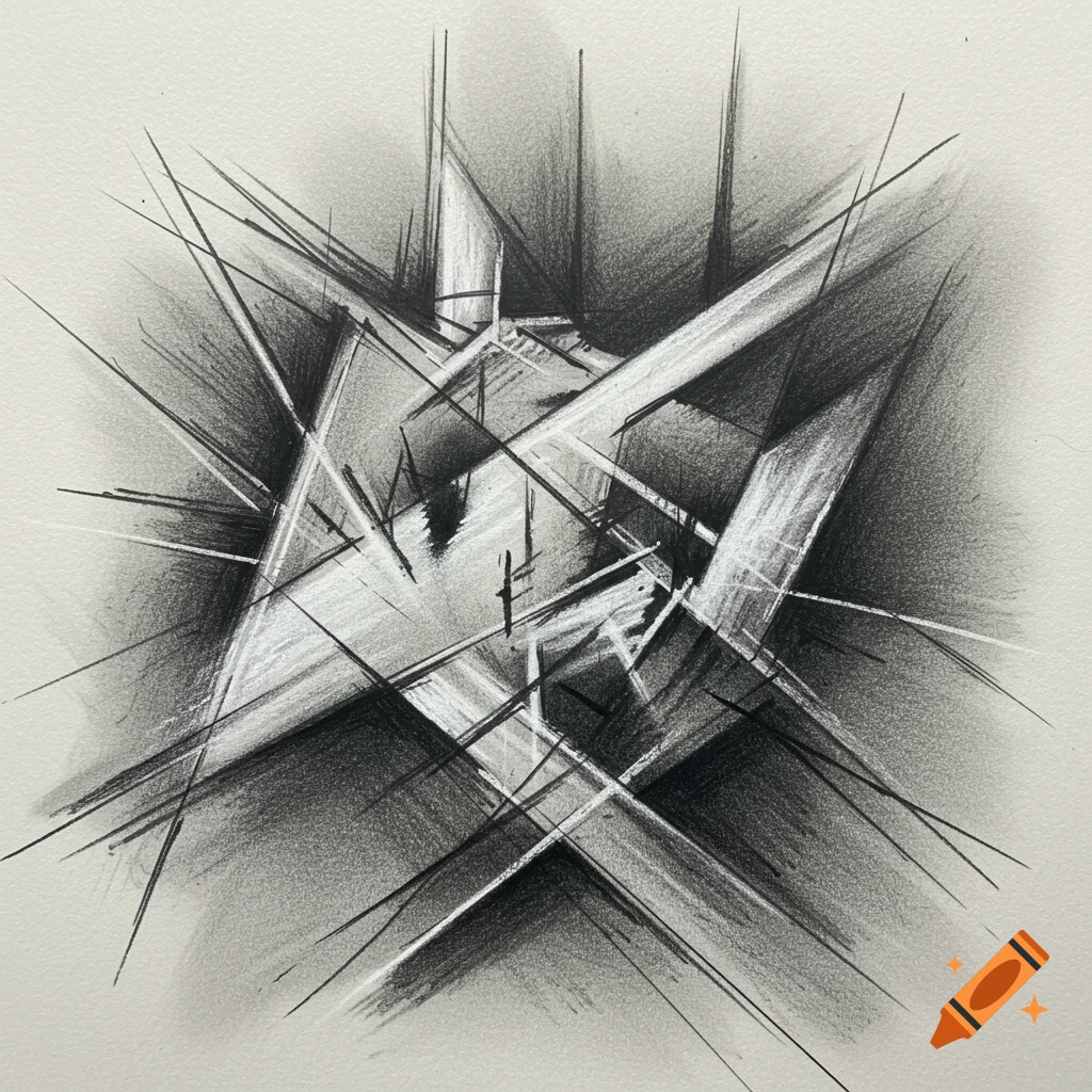 Abstract pencil drawing with sharp geometric lines and shading.