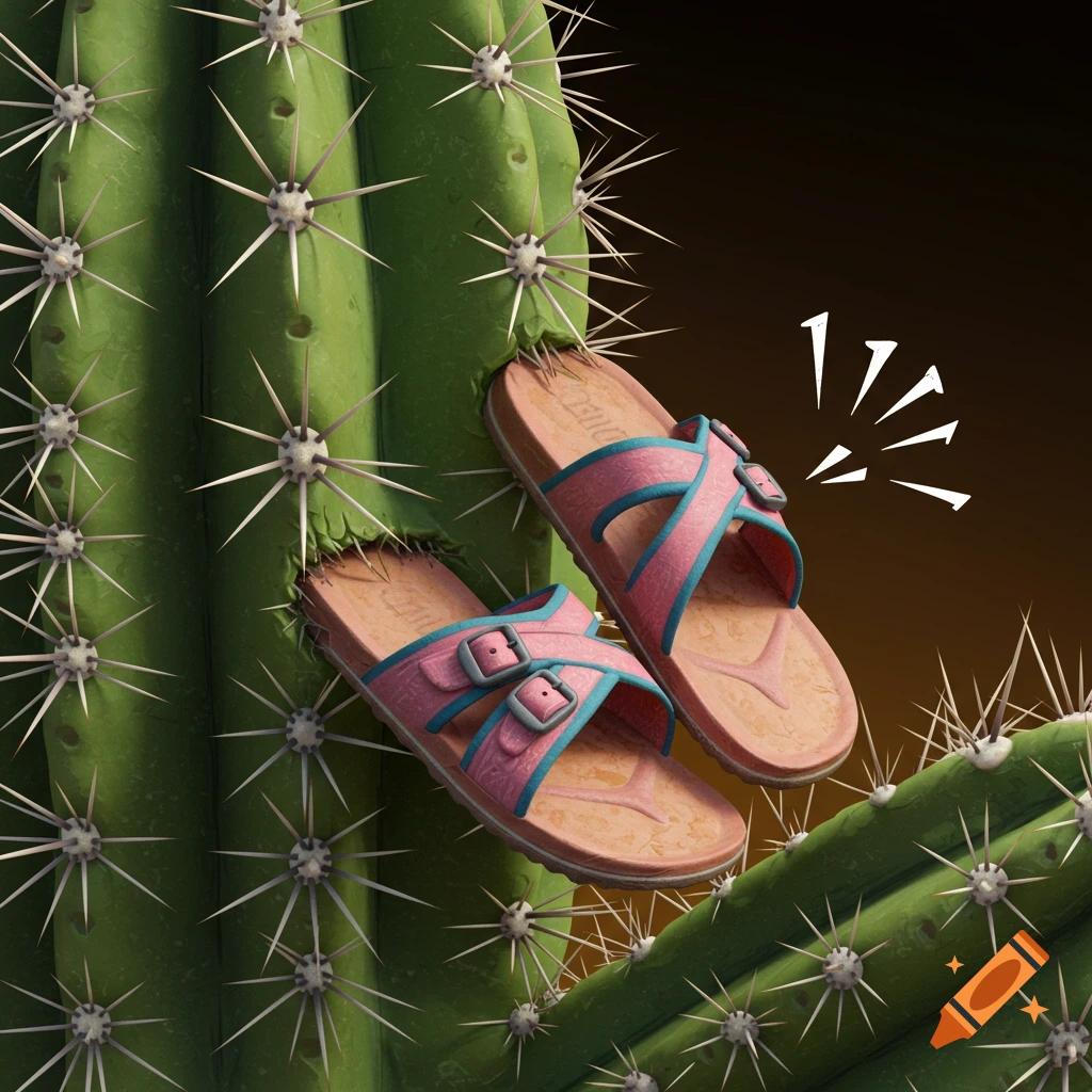 Pink and blue sandals stuck to a spiky cactus.