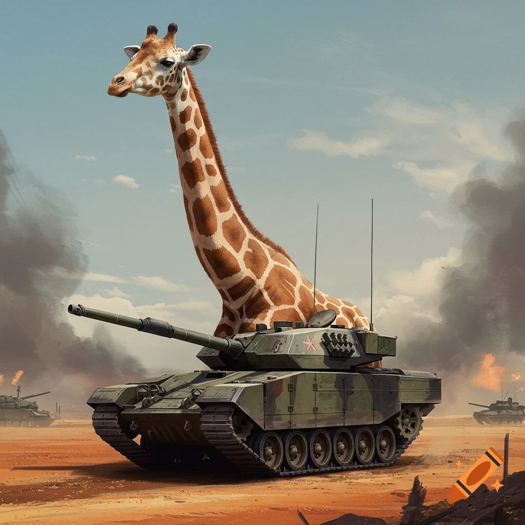 A giraffe sitting on a tank in a smoky battlefield.