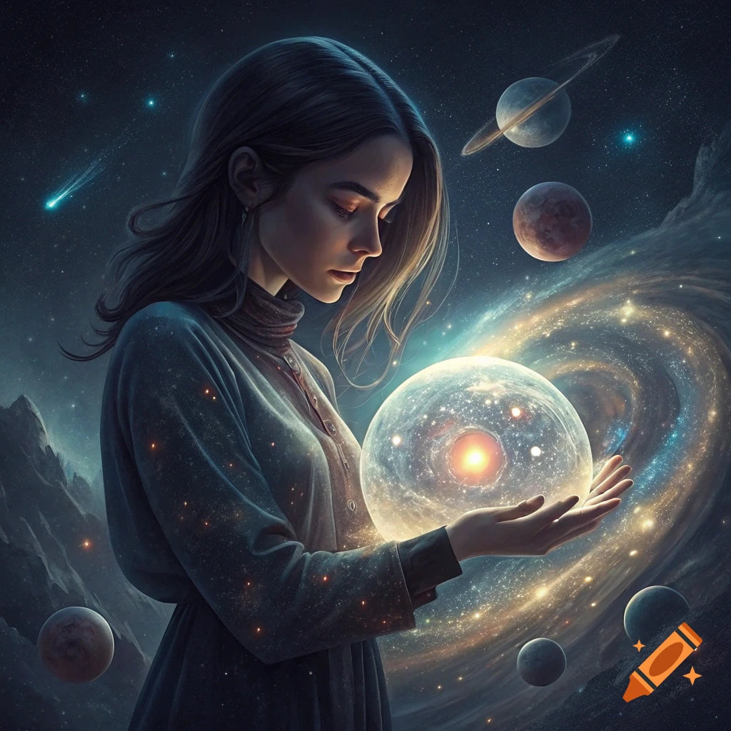 A woman holds a glowing orb representing the universe in a starry space scene.