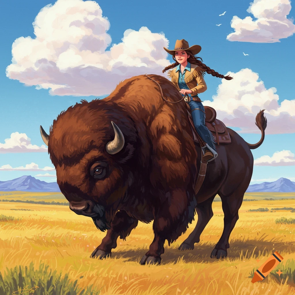 A cowgirl rides a large brown buffalo through a grassy field under a sunny sky with clouds.