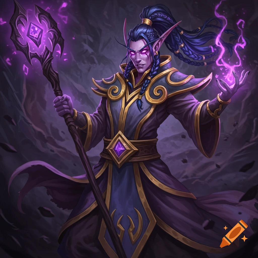 A void elf mage holding a staff and casting purple magic.