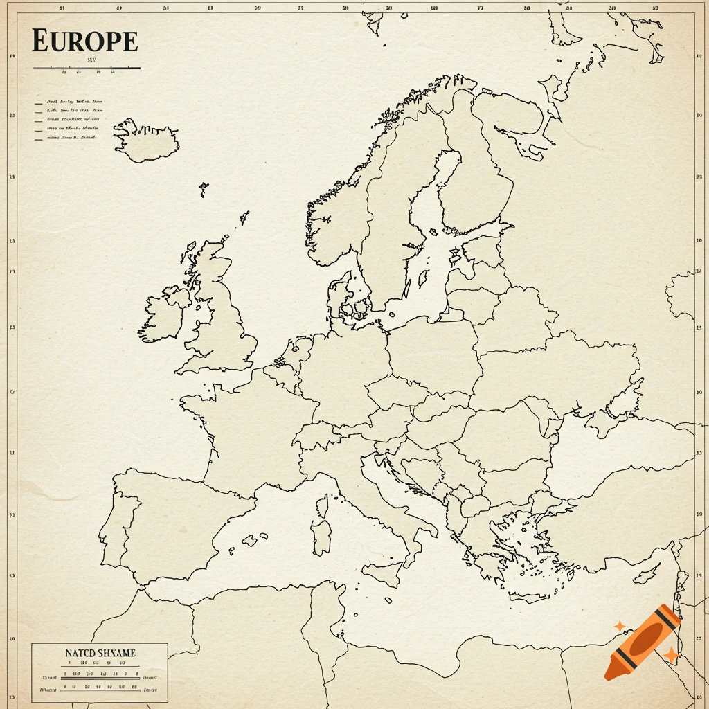 Blank outline map of Europe with country borders on a textured background.