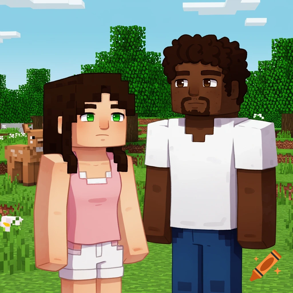 Minecraft style image of two characters standing in a grassy field.
