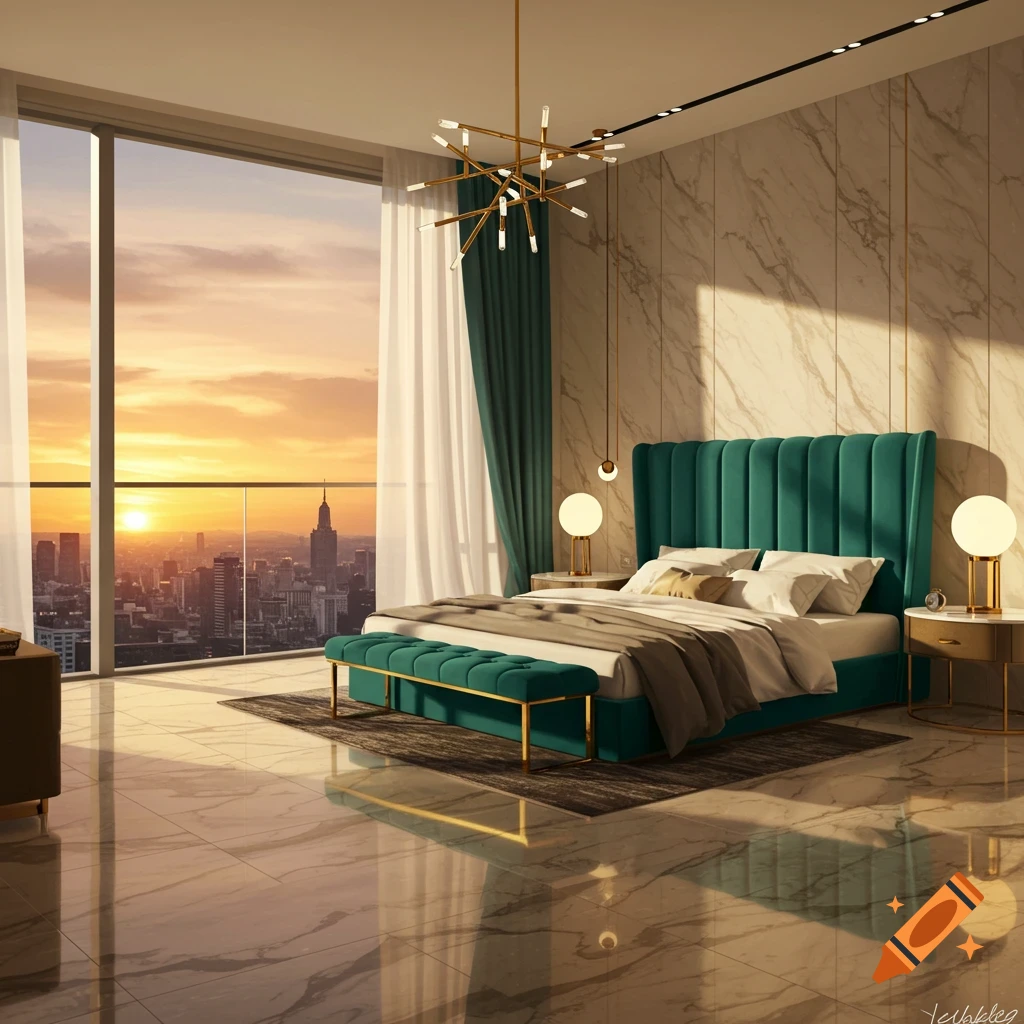 Luxury bedroom with large window overlooking city at sunset, green velvet bed, marble floor, digital render.