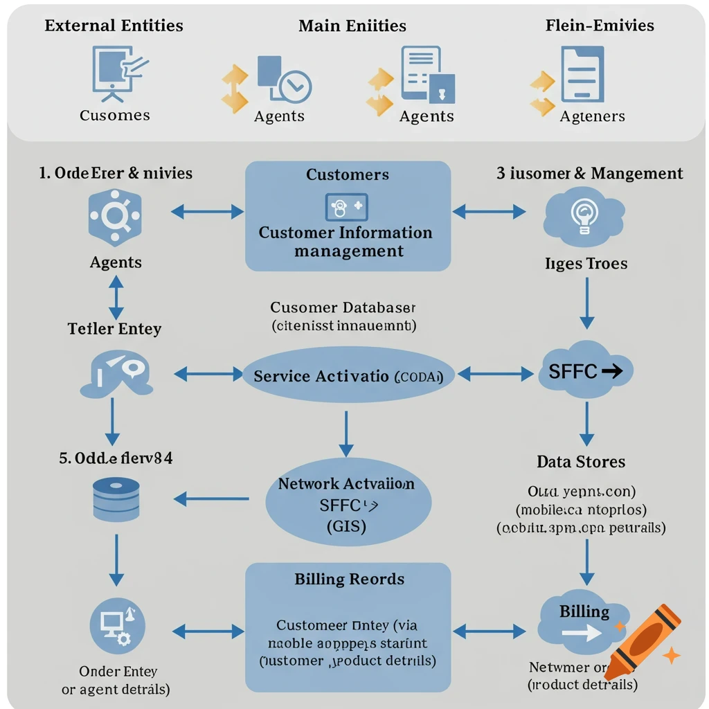 Flowchart of external entities, main processes, data stores, and data ...