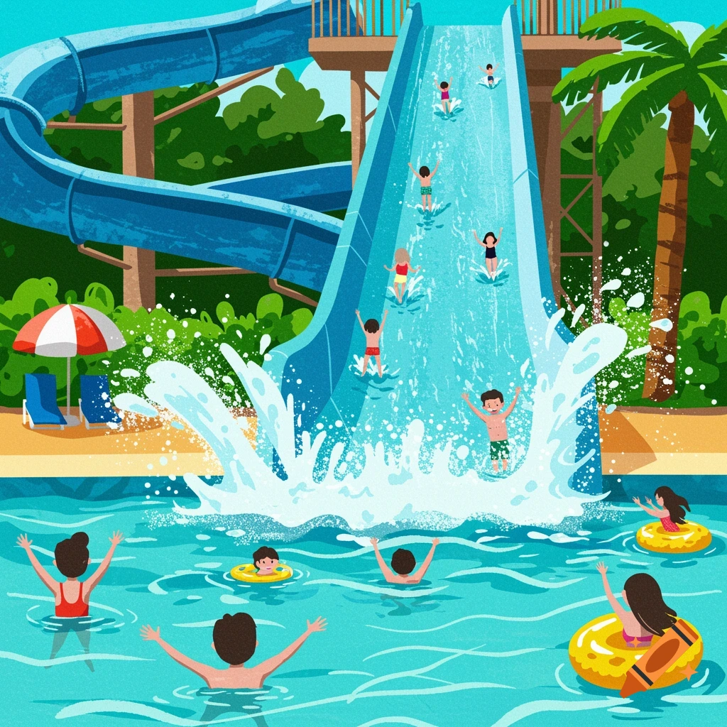 Cartoony illustration of a vibrant water park with people on a waterslide and swimming in a pool.