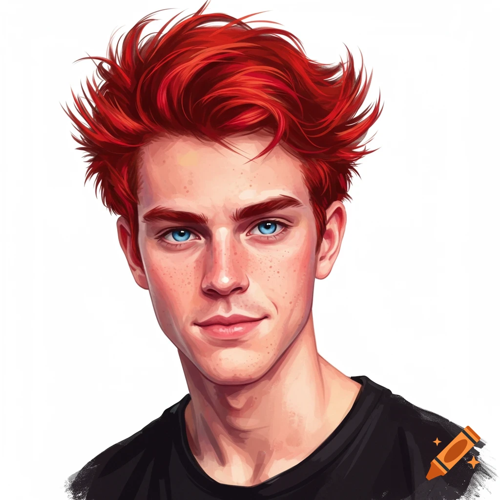 A man with bright red hair and blue eyes.