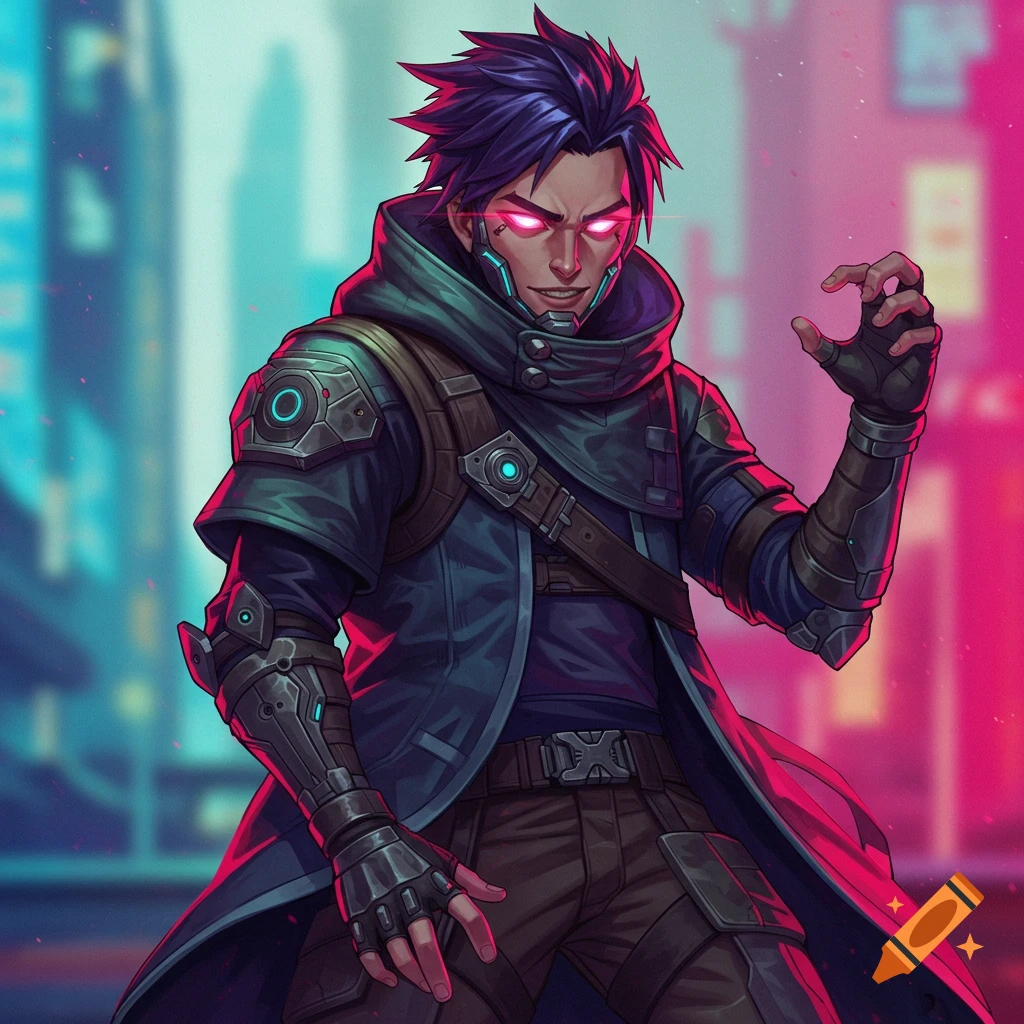Digital art of a cybernetic man with glowing red eyes in a cyberpunk city.
