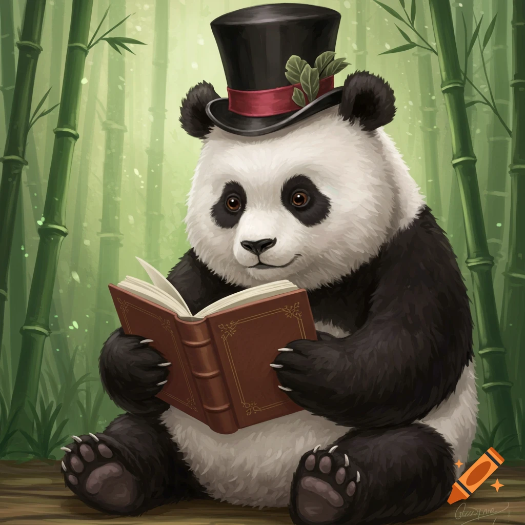 A panda in a top hat reading a book in a bamboo forest.