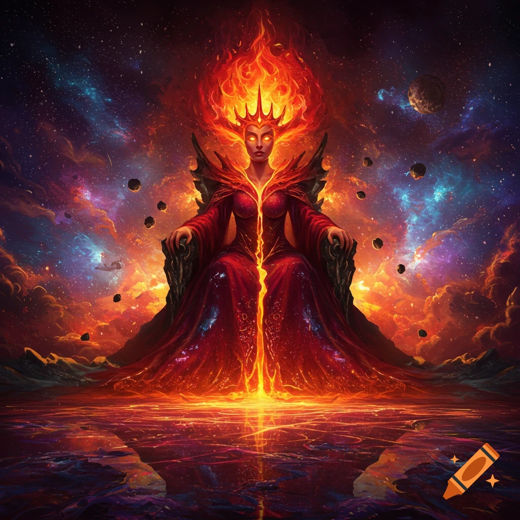 A fire queen sits on a throne in a cosmic landscape.