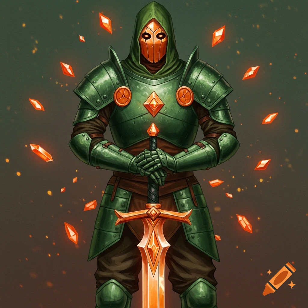 A green armored warrior with an orange mask holds a glowing sword, surrounded by floating orange crystals.
