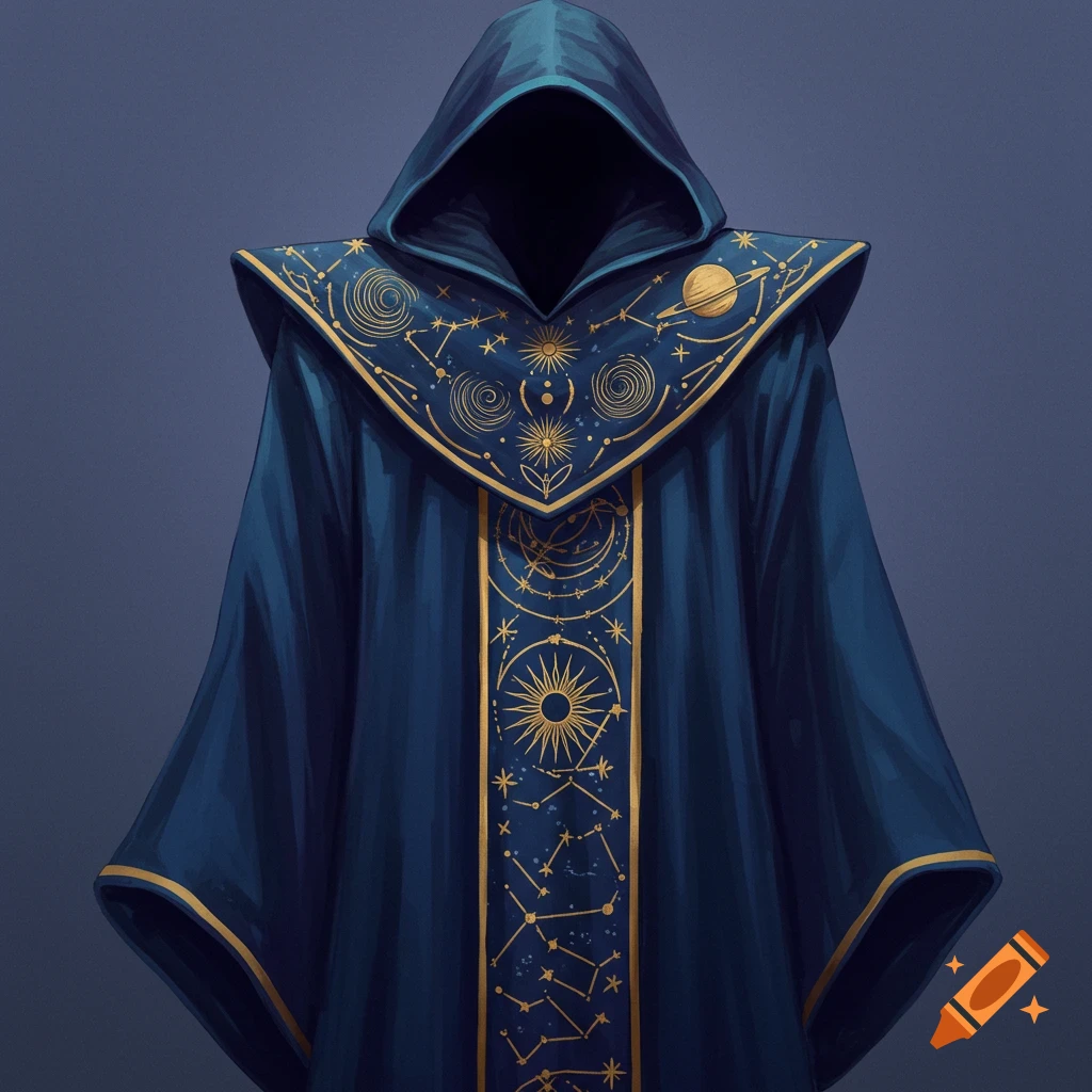 Blue wizard robe with gold celestial patterns