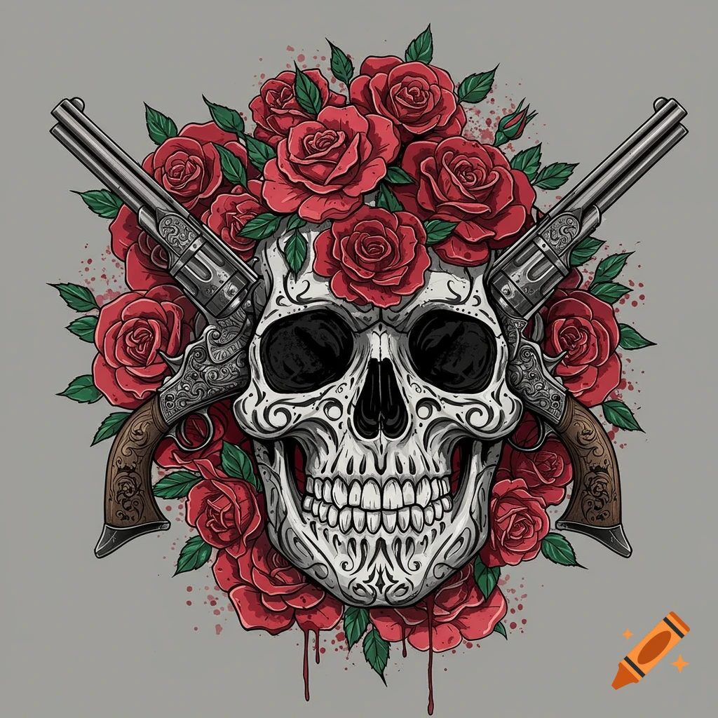 Stylized illustration of a skull surrounded by red roses with crossed revolvers behind it.