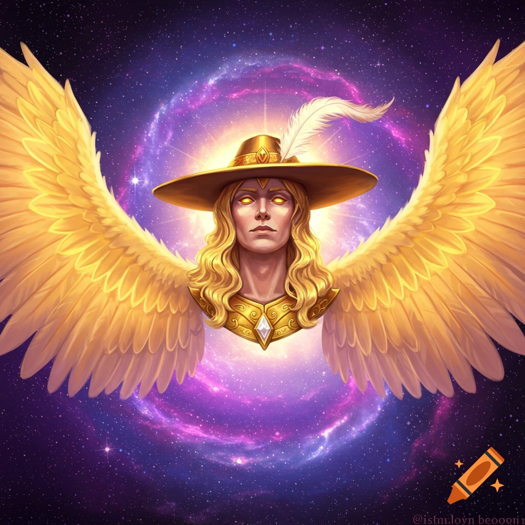 An angelic figure with golden wings and a wide-brimmed hat against a vibrant cosmic background.