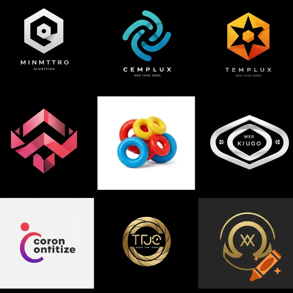 A grid displaying various abstract logos, symbols, and one image of colorful plastic rings.