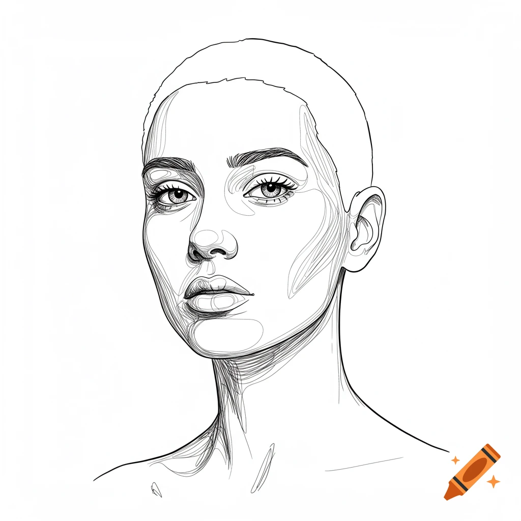 Line art sketch portrait of a woman with short hair, facing forward.