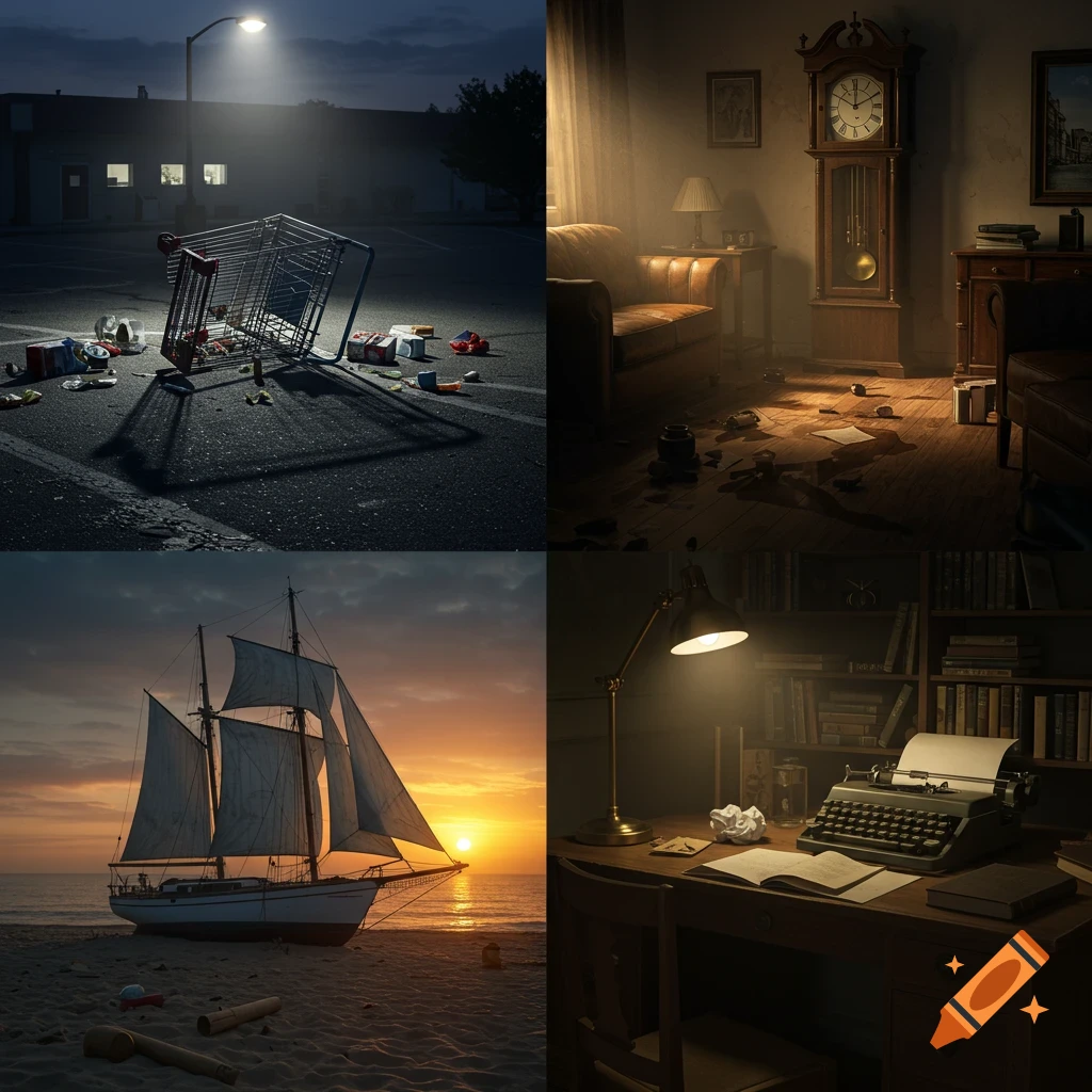 A grid of four photorealistic scenes: an overturned shopping cart, a messy room, a sailboat, and a desk.