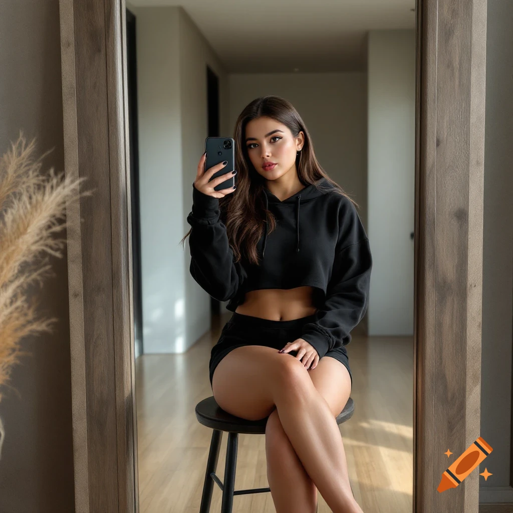 Woman in black cropped hoodie and shorts sits on a stool taking a mirror selfie in a modern room.